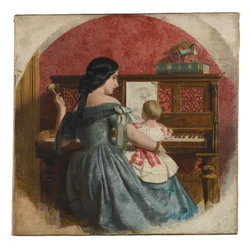 Innenraum mit Mutter und Kind am Klavier, ca. 1860